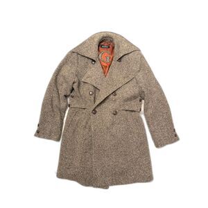 GUESS Vintage Wool Blend Women's Brown Tweed Pea Coat pockets button L Long